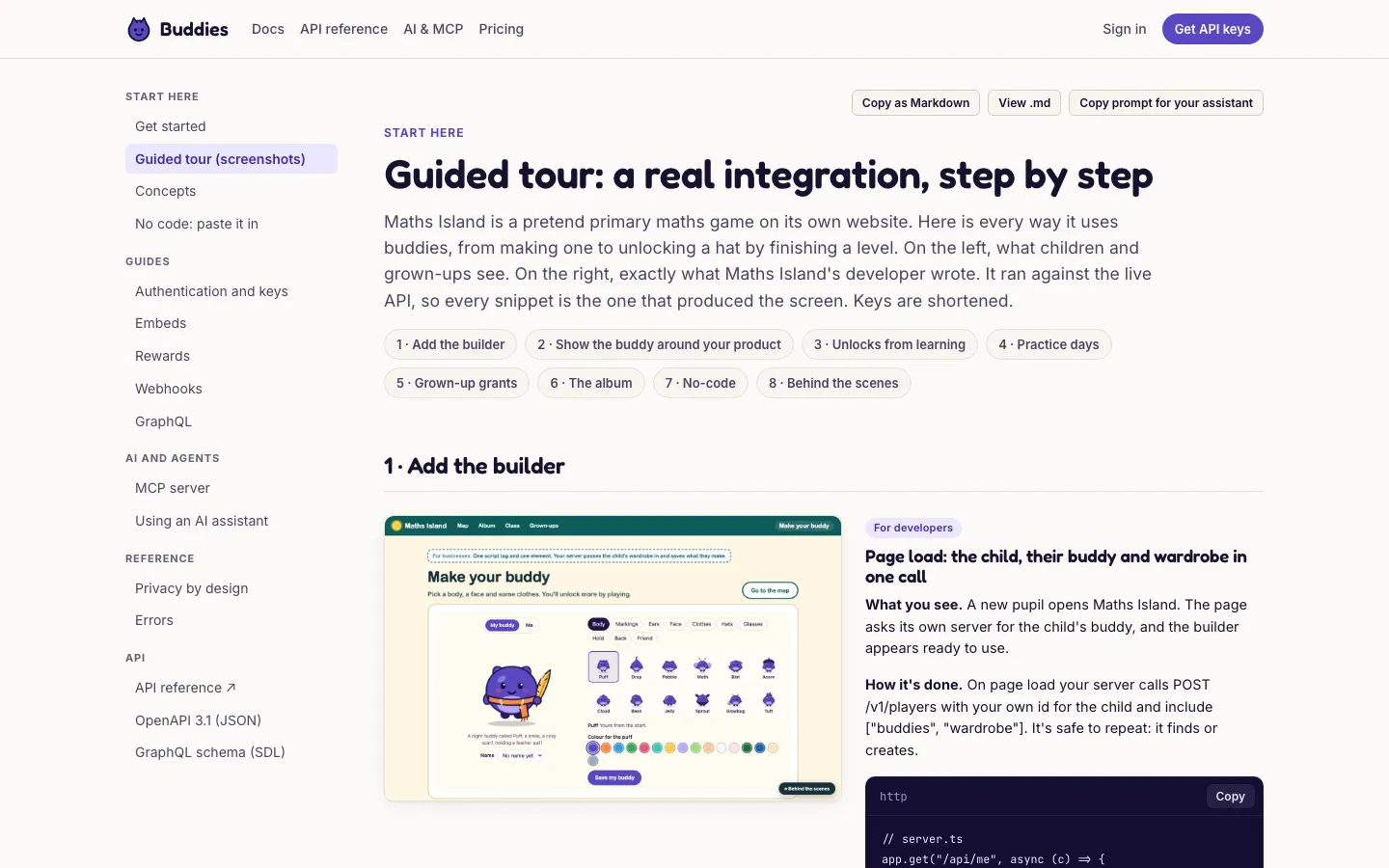 The Buddies guided tour: a screenshot of each integration step beside its code.