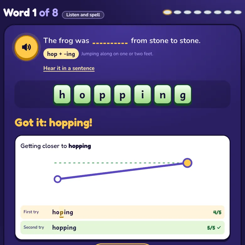 Sabrina after a second try: 'Got it: hopping!' and a line showing the first try, hoping, at 4 of 5, rising to hopping at 5 of 5.