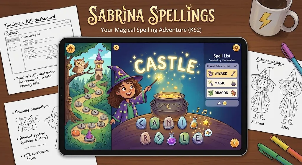 A rough concept board for Sabrina: a tablet showing a wizard girl spelling CASTLE with rune tiles, pinned among pencil sketches of a teacher dashboard and character designs.