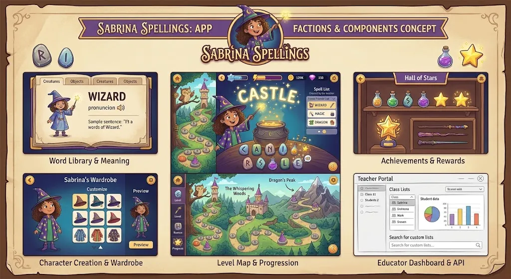 A concept board of eight app screens for Sabrina: a word library, a spelling cauldron with coins and gems in the top bar, a hall of stars, a wardrobe, a level map and a teacher portal.