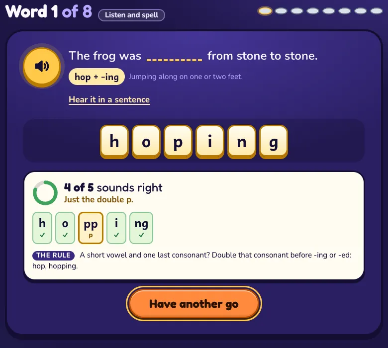 Sabrina after a child spells hopping as h-o-p-i-n-g: '4 of 5 sounds right, just the double p', each sound ticked, the rule in plain words, and a 'Have another go' button.
