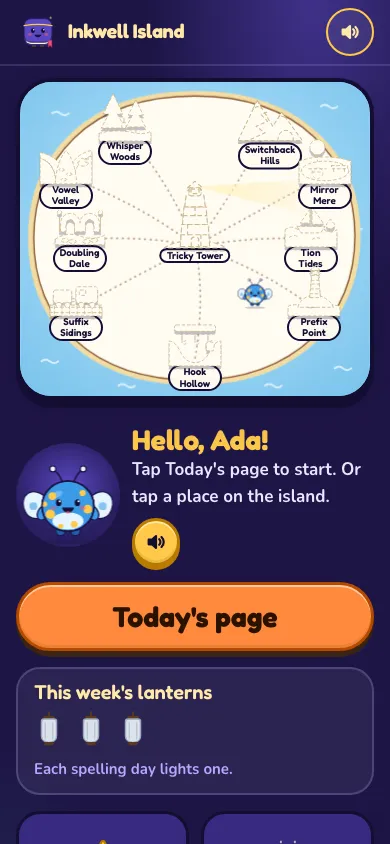 Sabrina on a phone: Inkwell Island, with places named Whisper Woods, Switchback Hills, Tricky Tower and Doubling Dale.