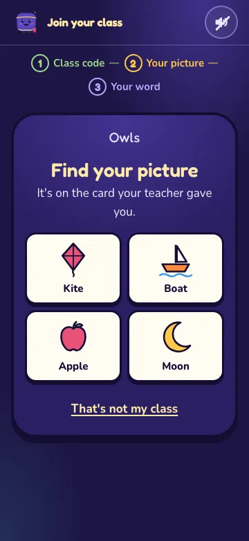 Joining a class: find your picture (kite, boat, apple or moon).
