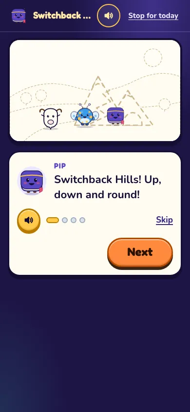 Sabrina on a phone: Pip the spellbook says 'Switchback Hills! Up, down and round!' over a line drawing of the hills.