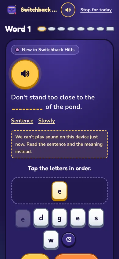 Sabrina on a phone: word 1, a sentence with a gap, and big letter tiles to tap in order.