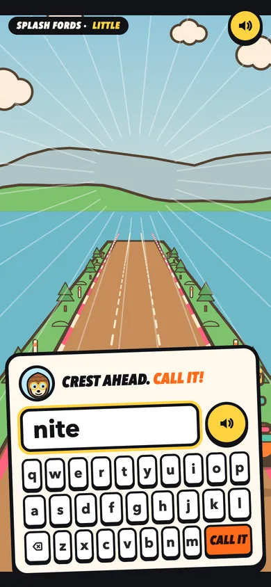 The prototype's pace note: at the crest, a card slides up and the child types the whole word on big keys.