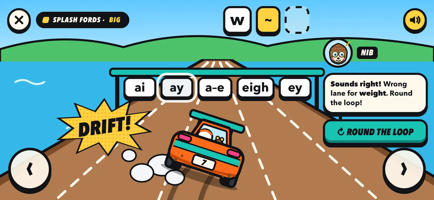 Concept screen in landscape: Big mode's five lane signs (ai, ay, a–e, eigh, ey), the car drifting under a comic DRIFT! burst, and Nib saying 'Sounds right! Wrong lane for weight. Round the loop!'