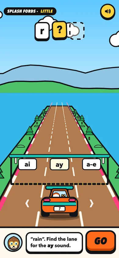 Soundline Rally on a phone: the rally car waits at a gate of lane signs, ai, ay and a–e.