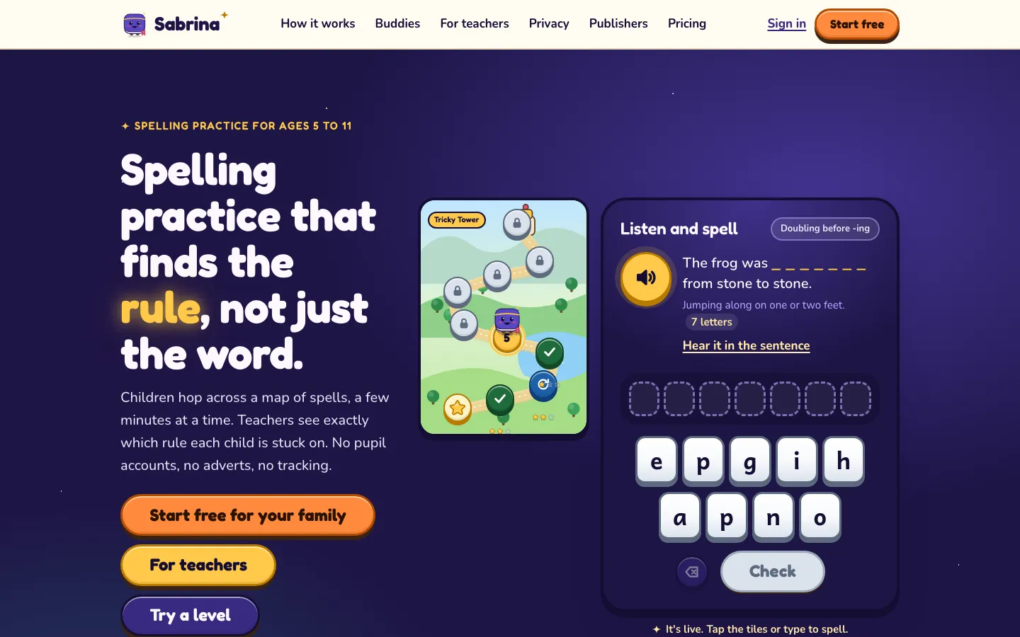 Sabrina's home page: 'Spelling practice that finds the rule, not just the word', beside a map of spells and a listen-and-spell card.