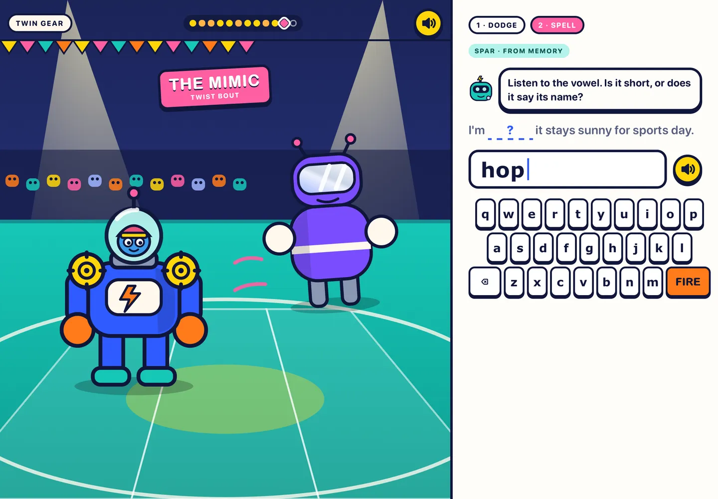 Concept screen on a tablet: the Mimic twist bout, the child's mech facing a purple training bot in the Spark Ring, with the sentence and a big keyboard beside it.