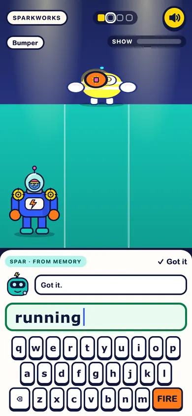 The prototype's Ring: running typed correctly, with the combo firing at the training bot.