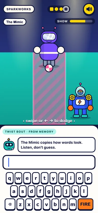 Sparkworks on a phone: a mech faces the Mimic, a purple training bot, in the Spark Ring.