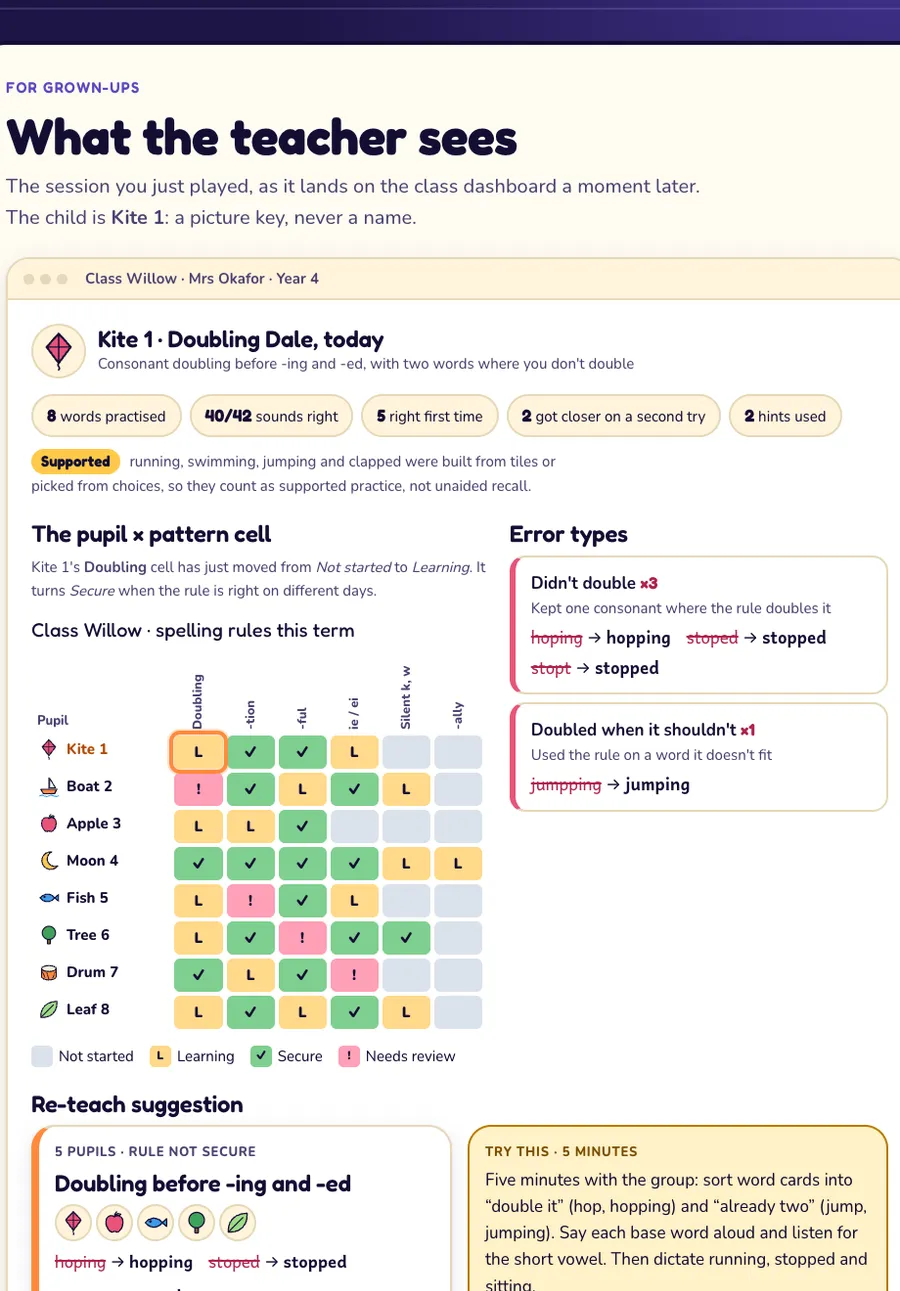 The teacher view: a class grid of pupils by spelling rule, error types such as 'Didn't double' with examples, and a five-minute re-teach suggestion.